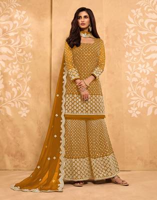 Mustard thread embroidery georgette salwar 1