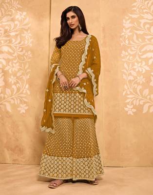 Mustard thread embroidery georgette salwar 2