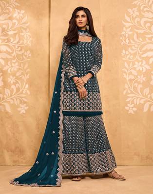 Teal-blue thread embroidery georgette salwar 1