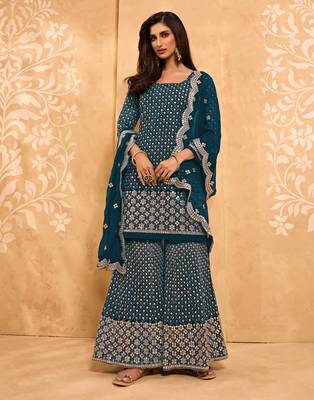 Teal-blue thread embroidery georgette salwar 2