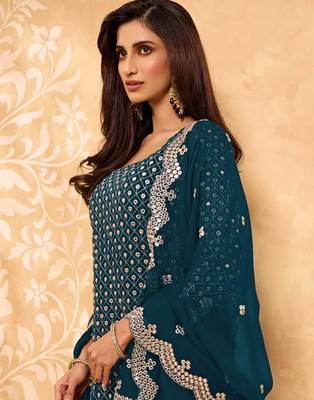 Teal-blue thread embroidery georgette salwar 3