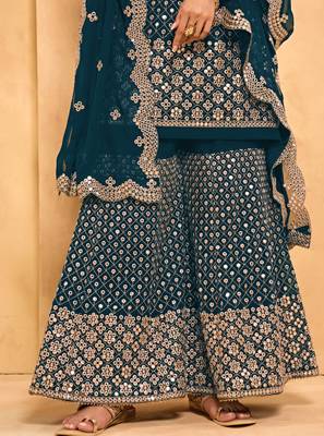 Teal-blue thread embroidery georgette salwar 4