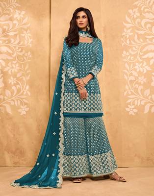 Dark-aqua-blue thread embroidery georgette salwar 1