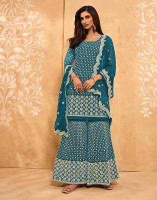 Dark-aqua-blue thread embroidery georgette salwar 2