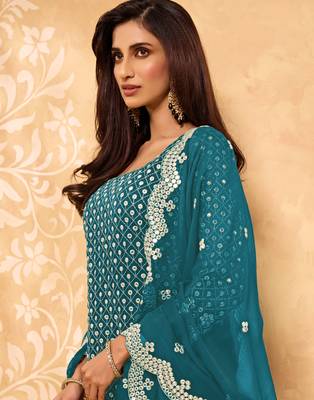 Dark-aqua-blue thread embroidery georgette salwar 3