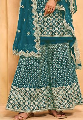 Dark-aqua-blue thread embroidery georgette salwar 4