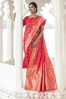 Red woven silk blend saree with blouse
