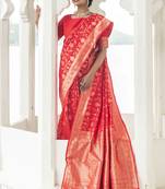 Red woven silk blend saree with blouse