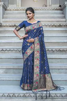Navy blue woven silk blend saree with blouse