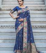 Navy blue woven silk blend saree with blouse