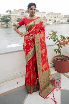 Red Woven Silk Blend Saree With Blouse