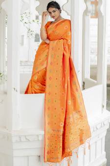 Mustard Woven Silk Blend Saree With Blouse