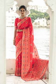 Pink Woven Silk Blend Saree With Blouse