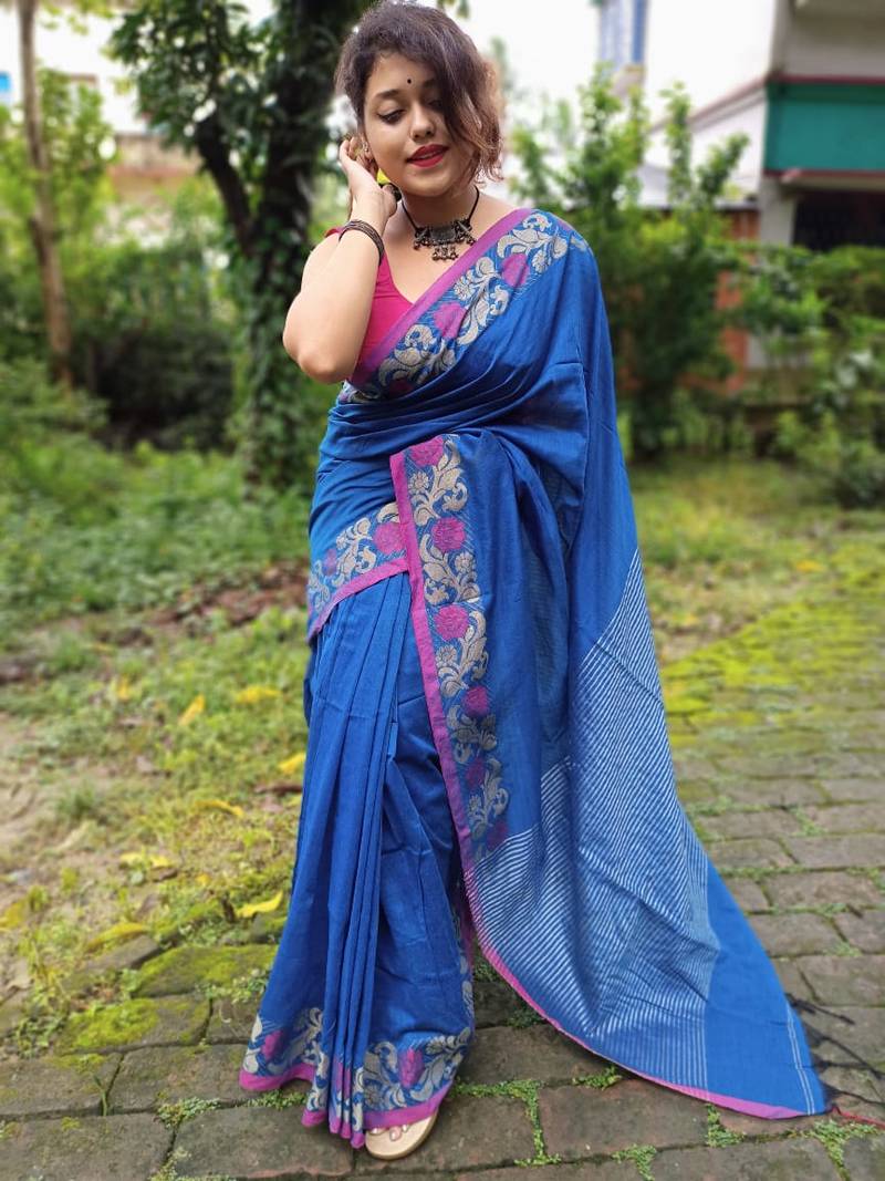 Fabulous Khadi Cotton Handloom Woven Kolka Border Striped Pallu With BP