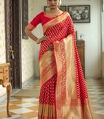 Red woven silk blend saree with blouse