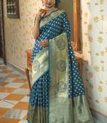 Dark sky blue woven silk blend saree with blouse