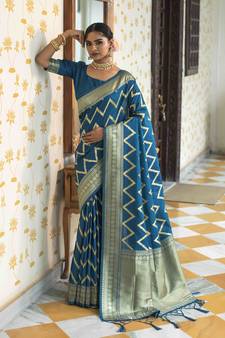 Dark Sky Blue Woven Silk Blend Saree With Blouse