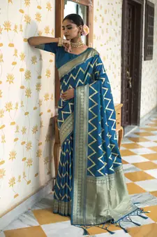 dark sky blue woven silk blend blend saree with blouse