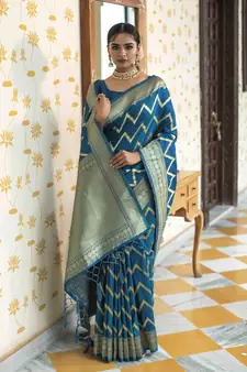 dark sky blue woven silk blend blend saree with blouse