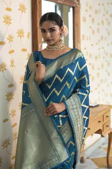 dark sky blue woven silk blend blend saree with blouse