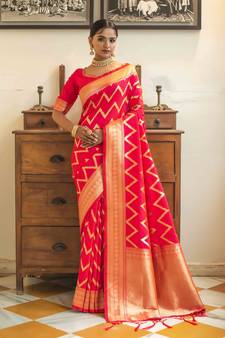 Pink woven silk blend saree with blouse
