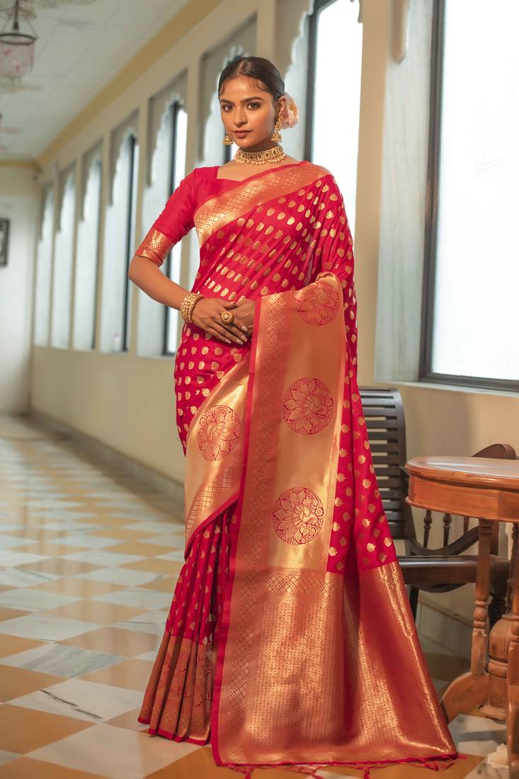 Rani Pink Woven Silk Blend Saree With Blouse