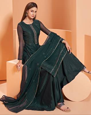 Dark-green embroidered pure georgette salwar 3