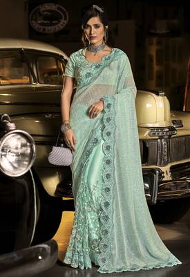 Sea green embroidered net saree with blouse 1