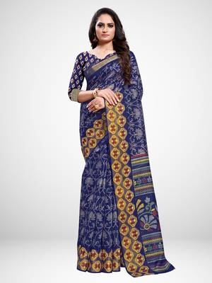 Sareemall Blue Party Brasso Printed Saree With Unstitched Blouse 1