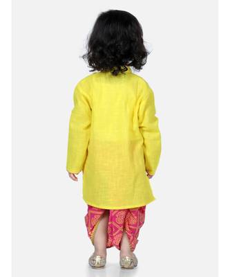Front Open Cotton Full Sleeve Kurta with Dhoti- Yellow 2