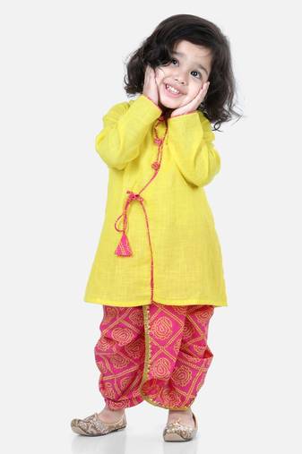 Front Open Cotton Full Sleeve Kurta with Dhoti- Yellow