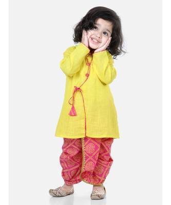 Front Open Cotton Full Sleeve Kurta with Dhoti- Yellow 1
