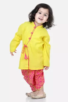 Front Open Cotton Full Sleeve Kurta with Dhoti- Yellow