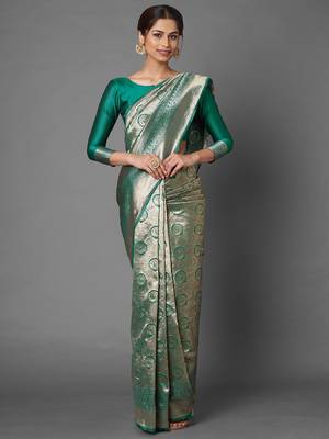 Sareemall Teal Green Festive Silk Blend Banarasi Saree With Unstitched Blouse 1