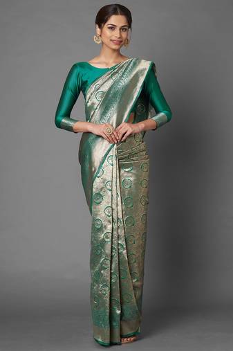 Sareemall Teal Green Festive Silk Blend Banarasi Saree With Unstitched Blouse