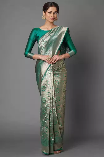 Sareemall Teal Green Festive Silk Blend Banarasi Saree With Unstitched Blouse