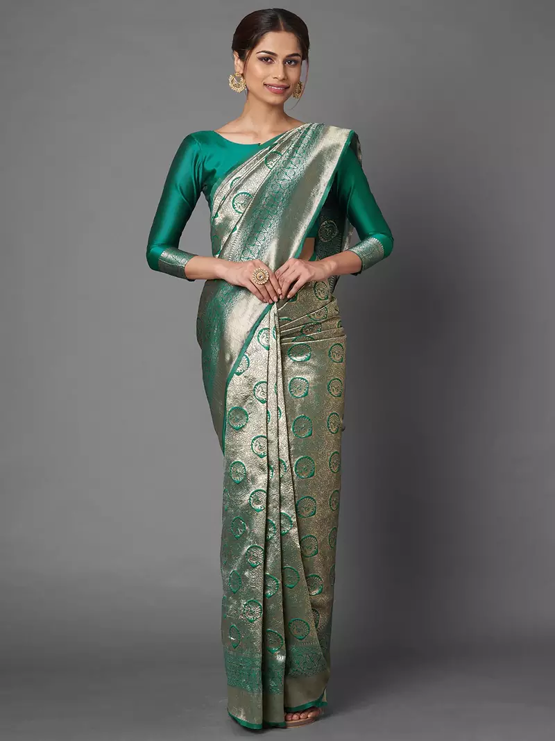 Sareemall Teal Green Festive Silk Blend Banarasi Saree With Unstitched Blouse