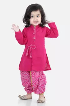 Front Open Cotton Full Sleeve Kurta with Dhoti- Pink