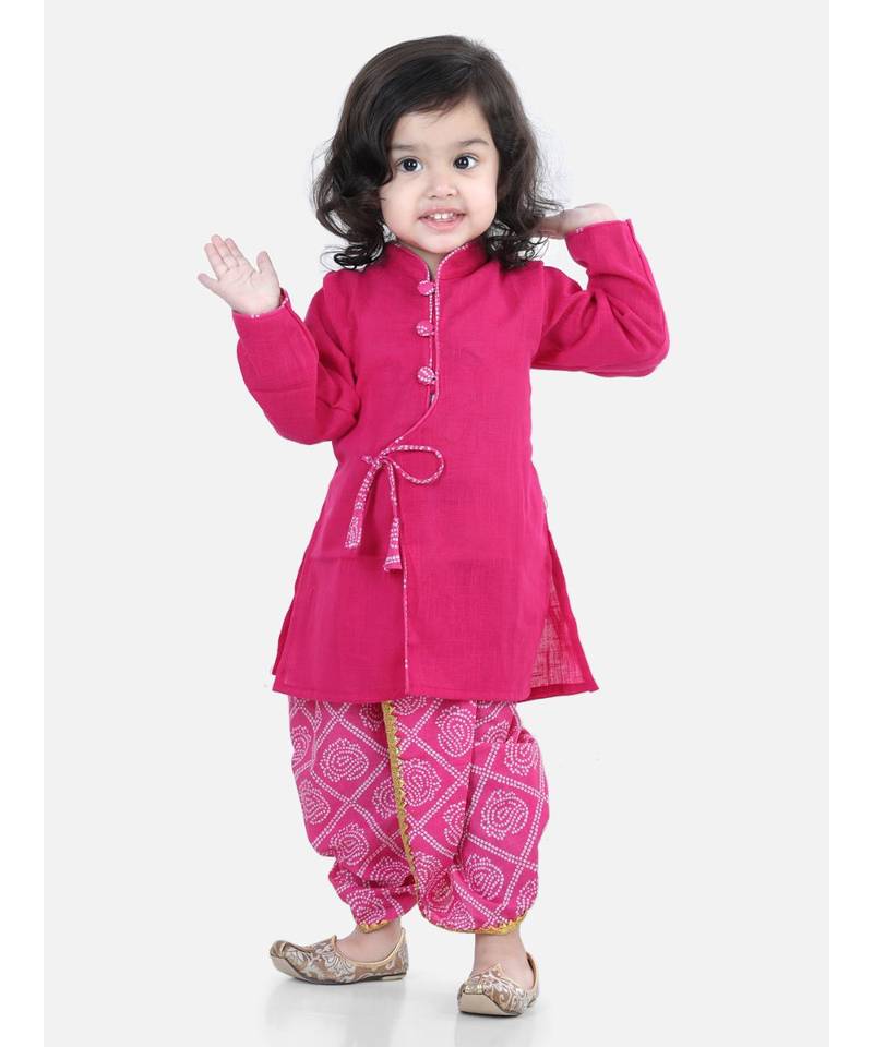 Front Open Cotton Full Sleeve Kurta with Dhoti- Pink