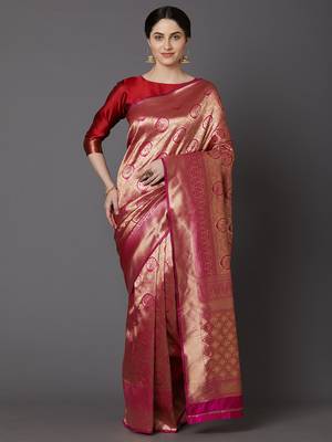 Sareemall Maroon & Pink Festive Silk Blend Banarasi Saree With Unstitched Blouse 1
