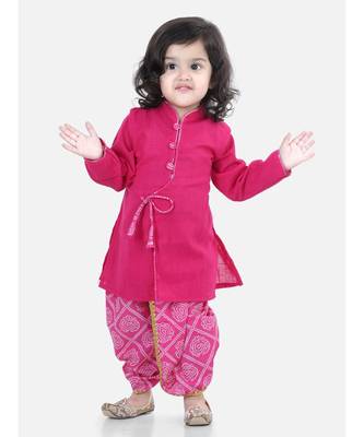 Front Open Cotton Full Sleeve Kurta with Dhoti- Pink 1