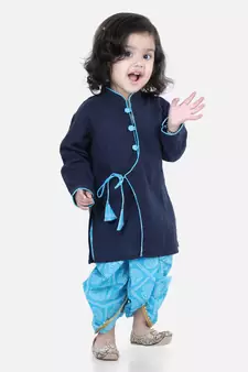 Front Open Cotton Full Sleeve Kurta with Dhoti- Blue