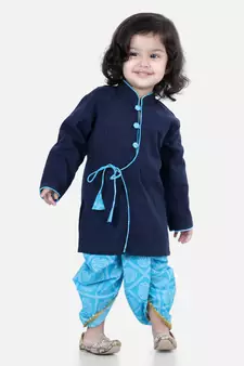 Front Open Cotton Full Sleeve Kurta with Dhoti- Blue