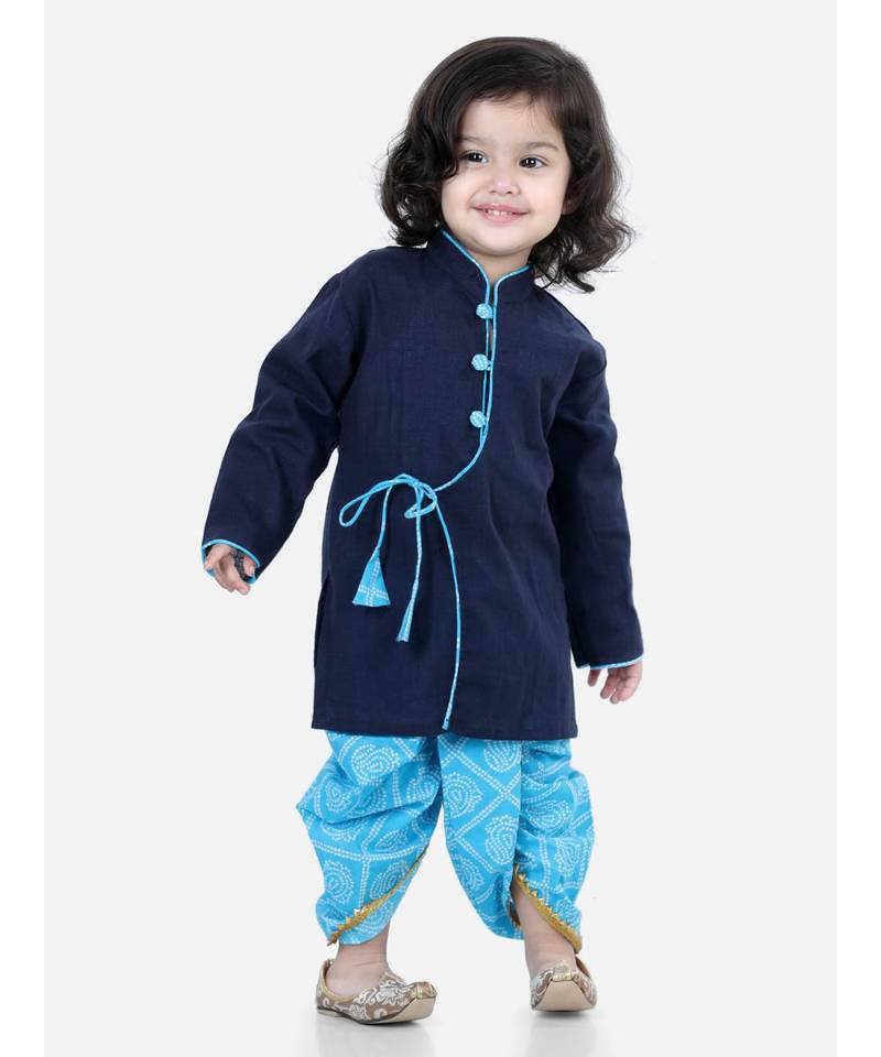 Front Open Cotton Full Sleeve Kurta with Dhoti- Blue