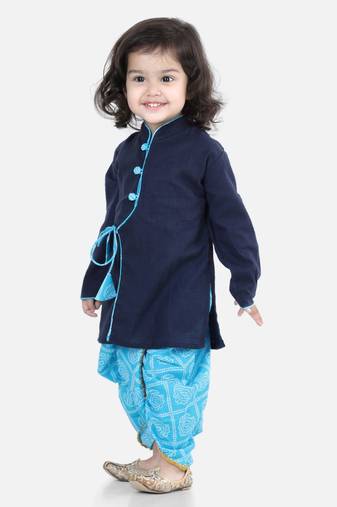 Front Open Cotton Full Sleeve Kurta with Dhoti- Blue