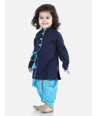 Front Open Cotton Full Sleeve Kurta with Dhoti- Blue 1