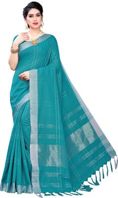 Sareemall Teal Green Casual Cotton Blend Solid Saree With Unstitched Blouse 1