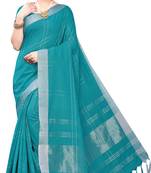 Sareemall Teal Green Casual Cotton Blend Solid Saree With Unstitched Blouse