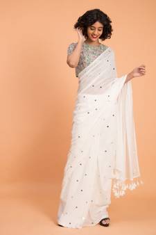 Suta Women White Embellished Pure Cotton Blend Saree