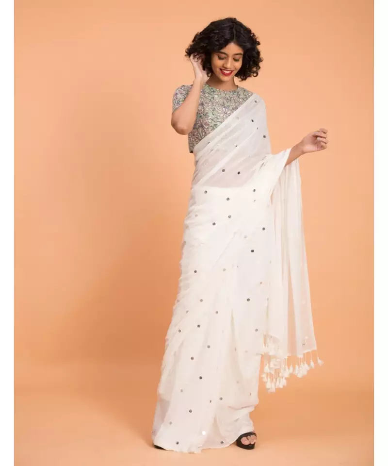 Suta Women White Embellished Pure Cotton Blend Saree